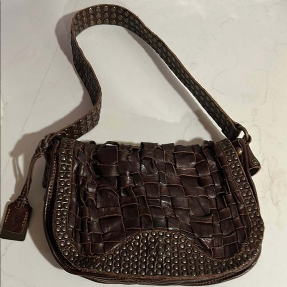 Vintage Frye Dark Brown Woven Leather Shoulder Bag
